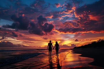 Fototapeta premium Couple holding hands, walking along beach during sunset, A couple holding hands on a beach at sunset