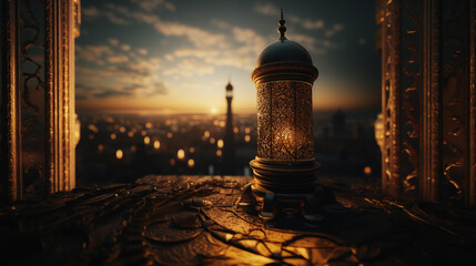 Festive eid al-adha lantern overlooking city at twilight