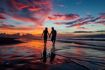Fototapeta premium A man and woman hold hands as they walk along the beach during sunset, A couple holding hands on a beach at sunset