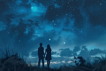 Couple hand in hand on a hill, gazing at star-filled sky, A couple holding hands under a starry sky