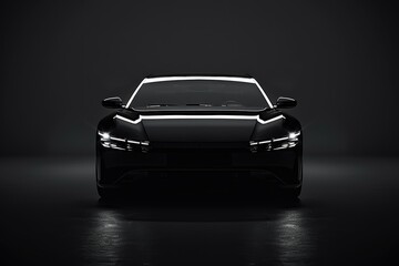 New premium car with glowing headlights on a dark background close-up front view