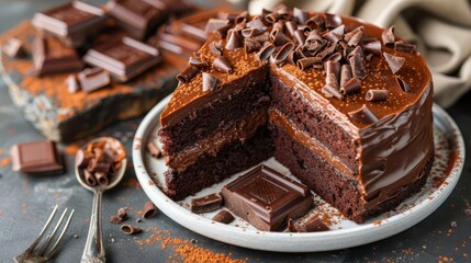   A tight shot of a cake slice on a plate, fork nearby