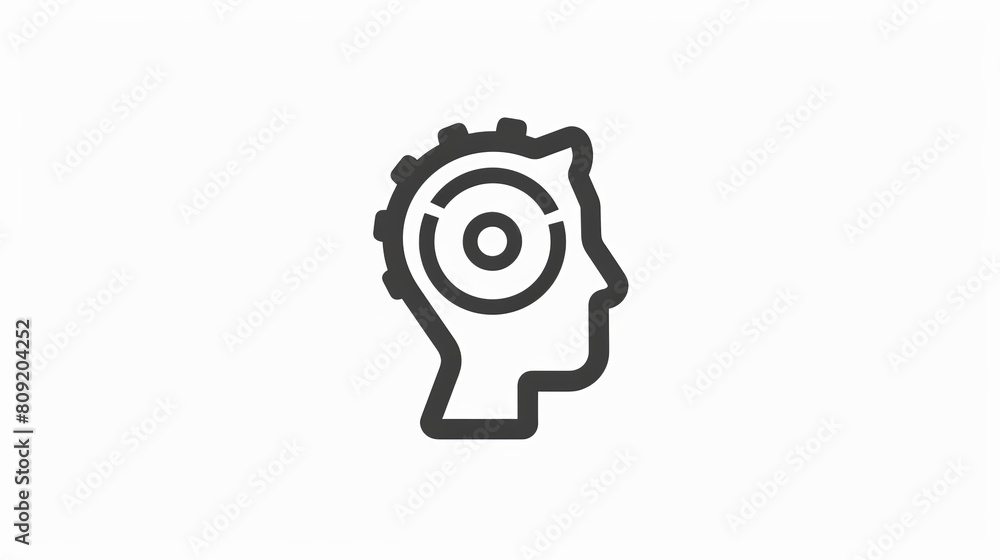 Poster a black isolated outline icon depicting the head of a man and a cogwheel on a white background. repr