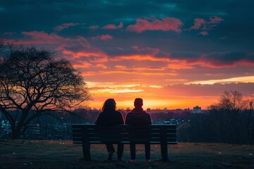 A couple sitting on a bench in a park, gazing at the setting sun in the horizon, A couple sitting on a park bench watching the sunset together