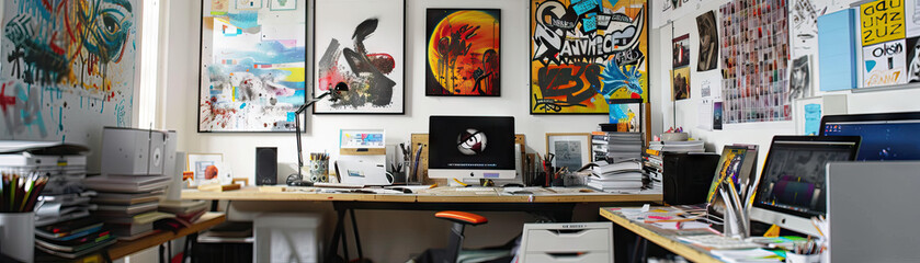 Digital Artist's Studio Wall: Covered in digital art prints, graphic design sketches, and a board with digital art project ideas