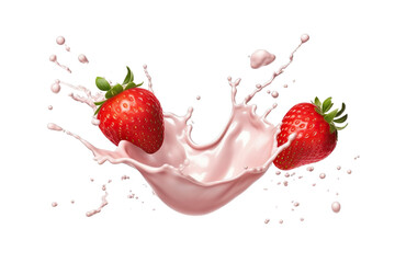 Milk or Yogurt Splash with Fresh Strawberries on transparent background,