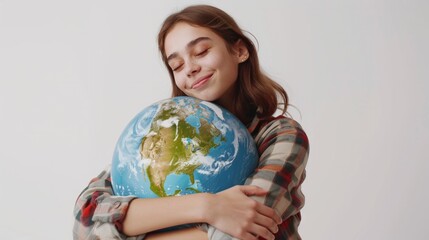 Fototapeta premium Girl holding the Planet Earth isolated on white. Future Concept