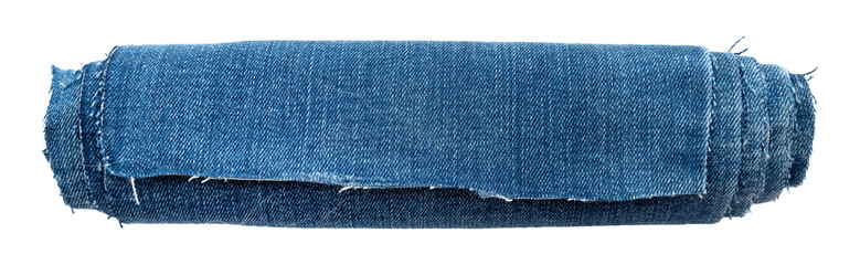 Piece of torn denim on a white background. Denim texture