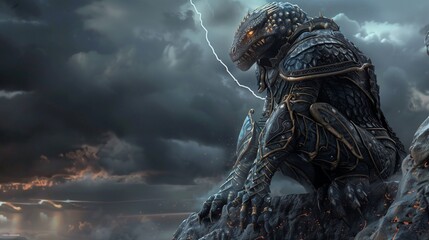 a formidable fantasy reptilian warrior, rendered in stunning 3D, kneeling on all four legs atop a rugged cliff under a stormy sky.