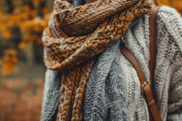 A woman wearing a scarf and carrying a brown bag, A cozy autumn outfit with layers of knits and scarves