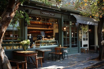 A store front with outdoor seating area in a charming street setting, A cozy bakery tucked away on a charming street corner