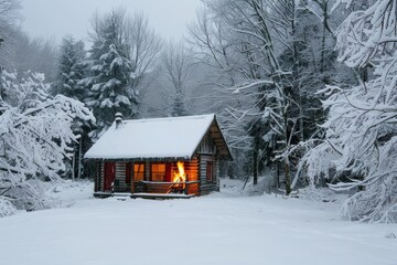 A small cabin surrounded by snow in the middle of a forest, smoke rising from its chimney, A cozy cabin covered in snow with a warm fire burning inside