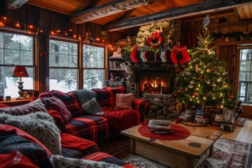 A cozy living room filled with furniture and a beautifully decorated Christmas tree, A cozy cabin in the mountains decorated for Christmas
