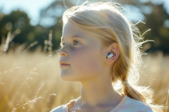 hard of hearing, deaf girl with a hearing aid in her ear