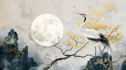 Landscape with gold silhouette crane birds. Chinese wave decorations in vintage style with grey circle watercolor texture. Geometric branch of flower decoration