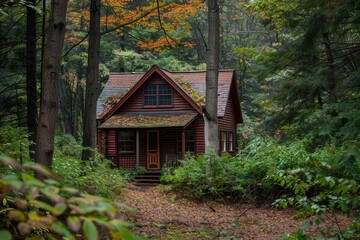 A small cabin nestled in a clearing in the woods, surrounded by trees, A cozy cabin nestled in a clearing in the woods