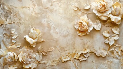 Fototapeta premium Light decorative texture of a plaster wall with voluminous decorative flowers and golden elements
