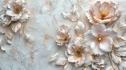 Light decorative texture of a plaster wall with voluminous decorative flowers and golden elements