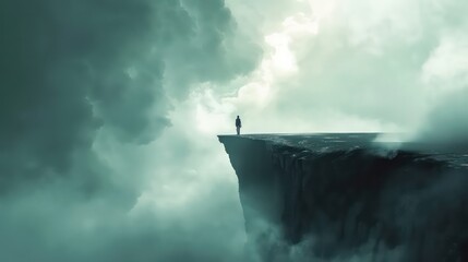 Fototapeta premium Lone figure standing on the edge of the abyss. Facing the storm head-on. Abstract concept art. Dramatic adventure landscape