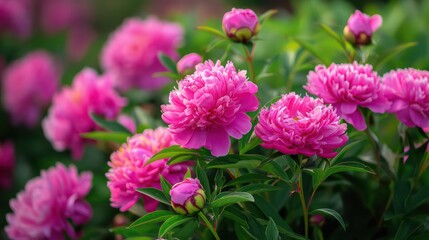 Fototapeta premium Pink flowers peonies flowering isolated on green background .