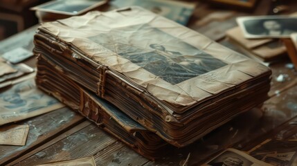 Buying antique books. Vintage books are stacked on a wooden table. Restoration of old books.