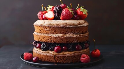  A cake topped with fruit on a black plate; berries and raspberries nestled atop