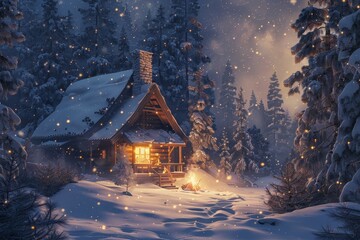 Fototapeta premium A cabin in a snowy forest is brightly lit up by a crackling fire, creating a warm and inviting glow in the winter night, A cozy cabin nestled in a snowy forest with a warm fire glowing inside