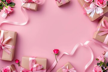 Ribbon in shape of heart with gift boxes and rose flowers on pink background. Happy Valentines day, Mothers day, birthday concept. Romantic flat lay composition.