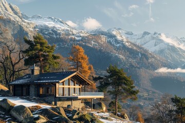 A house sits atop a snow-covered hillside in the mountains, A cozy cabin nestled in the mountains with a panoramic view