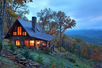 A cabin nestled in the woods overlooks the majestic mountains in this scenic view, A cozy cabin nestled in the mountains with a panoramic view