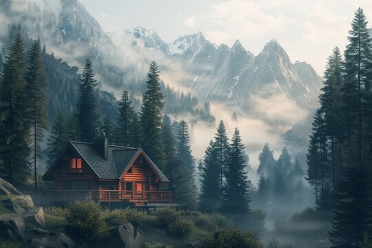 A cabin nestled in the mountains, A cozy cabin nestled in the snowy mountains surrounded by pine trees