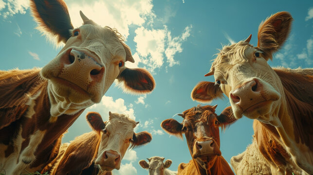 cows examining with scrutiny something below in the field. Absurd curiosity concept