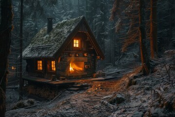 A cabin surrounded by trees in a dark forest at night, with a warm glowing light coming from inside, A cozy cabin nestled in the woods with a warm fire burning inside