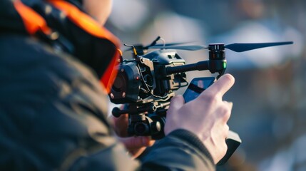 Close-up of a professional photographer operating a drone with a remote control. 