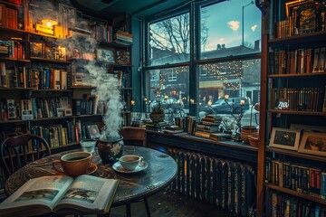 A room filled with numerous books and a table holding a cup of hot coffee, A cozy cafe with steaming mugs of tea and shelves of books