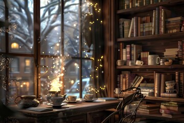 A room featuring a desk, chair, bookshelf, and a window, A cozy cafe with steaming mugs of tea and shelves of books
