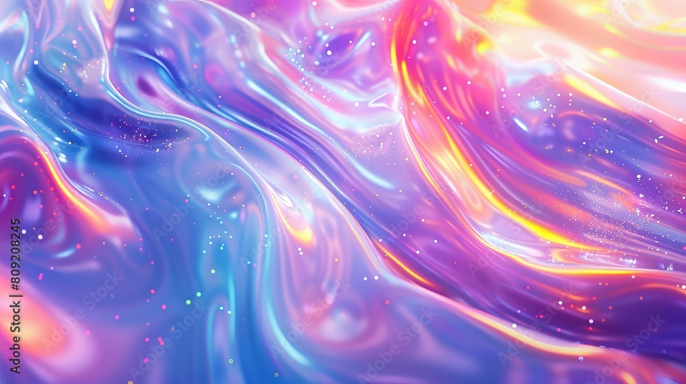 Poster a holographic neon background featuring colorful abstract waves in pastel shades, providing a vibran