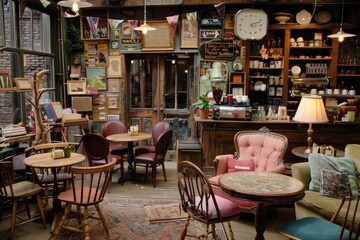 A busy room with various mismatched chairs, tables, and decor items creating a cozy and eclectic atmosphere, A cozy coffee shop with mismatched chairs and tables