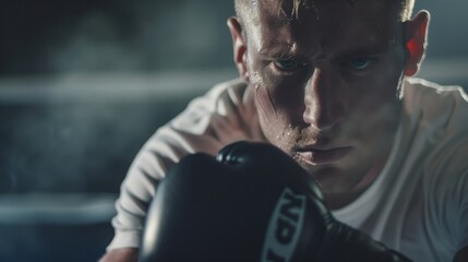 White man practicing boxing sport, person is focused and enjoying the sport, sports photography, generative ai