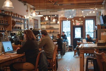 People chatting and enjoying a meal at a table in a cozy restaurant setting, A cozy coffee shop workspace with people chatting in the background