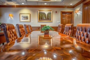 A spacious conference room featuring a large table surrounded by plush leather chairs, A cozy conference room with plush leather chairs around a polished wooden table