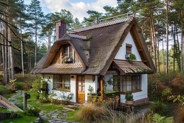 Fototapeta na wymiar A quaint house with a thatched roof nestled among trees in a forest setting, A cozy cottage nestled in the woods with a thatched roof