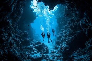 Divers descending into the depths of a mesmerizing reef landscape.