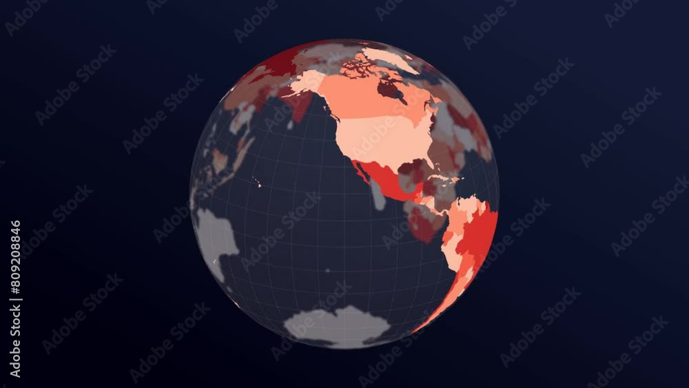 Poster the globe with world map. dark translucent earth planet in red colors rotating. second turn changes 