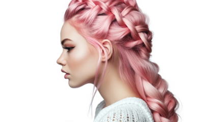Beautiful Woman with Long Pink Braided Hair isolated on a transparent background