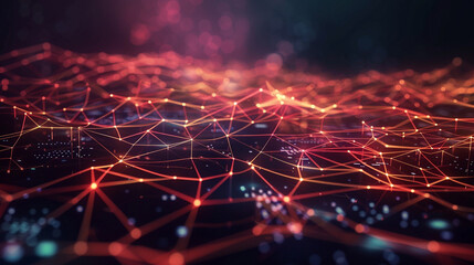 Glowing lines and digital nodes forming a vibrant abstract network on a dark, mysterious background.