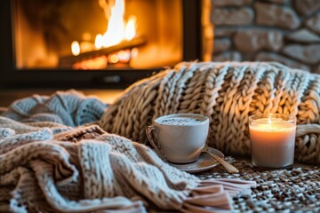 A cup of coffee and a candle sit on a blanket in front of a fireplace, creating a cozy ambiance, A cozy fireplace with a snuggly blanket and hot cocoa