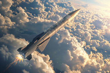 A dramatic scene of a combat rocket soaring high above the clouds, capturing the intensity of a missile attack The image conveys the urgency and power of an air strike in a war scenario