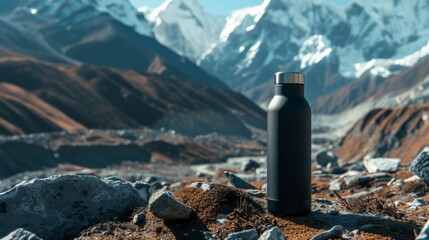 Black insulated bottle on rocky mountain terrain with snowy peaks in background