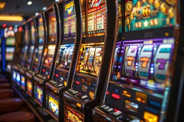 Row of Slot Machines Glowing in a Casino Hall